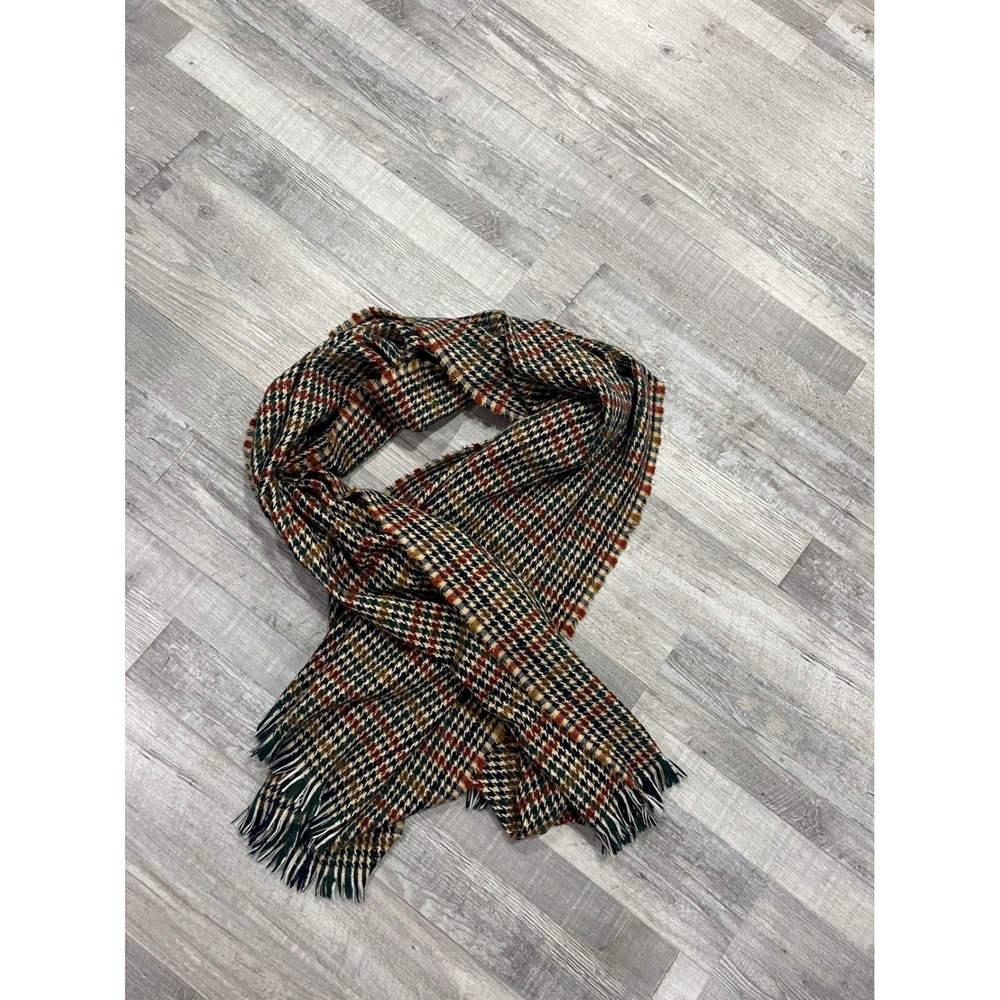 Maeve Anthropologie Houndstooth Plaid Scarf Green Orange Mustard Fringed Shawl